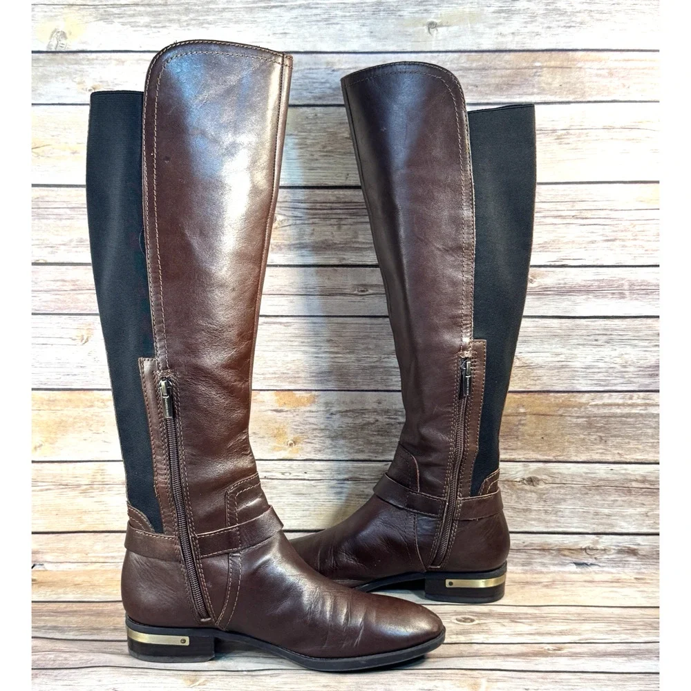 Vince Camuto Womens Brown Leather Pearly Equestriani Riding Boots 9M